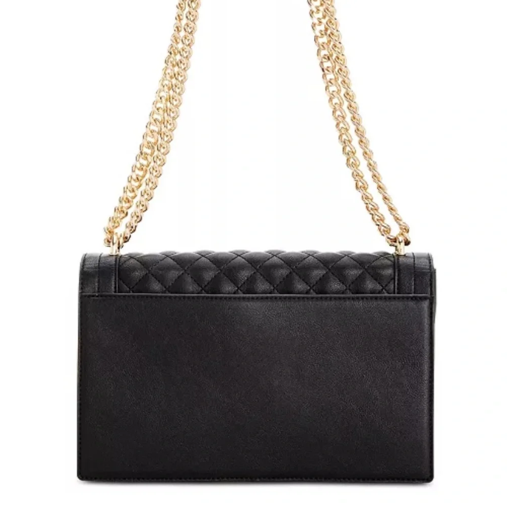 INC Black Leather Quilted Flap Crossbody Shoulder Bag Gold Turn-Lock Chain